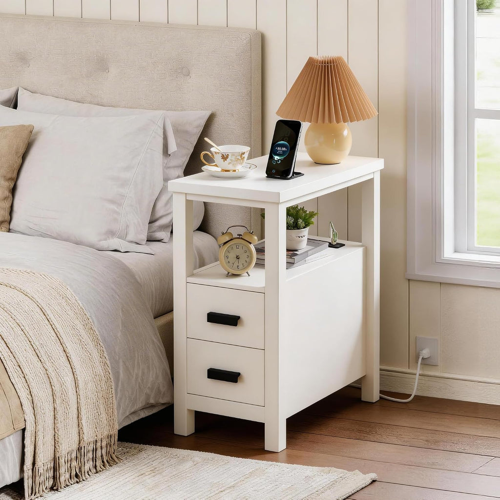 End Table with Charging Station, Narrow Nightstand with 2 Drawers, Side Table with USB Ports & Outlets, Small Bedside Table for Small Spaces, Bedroom, Living Room,Wood, White
