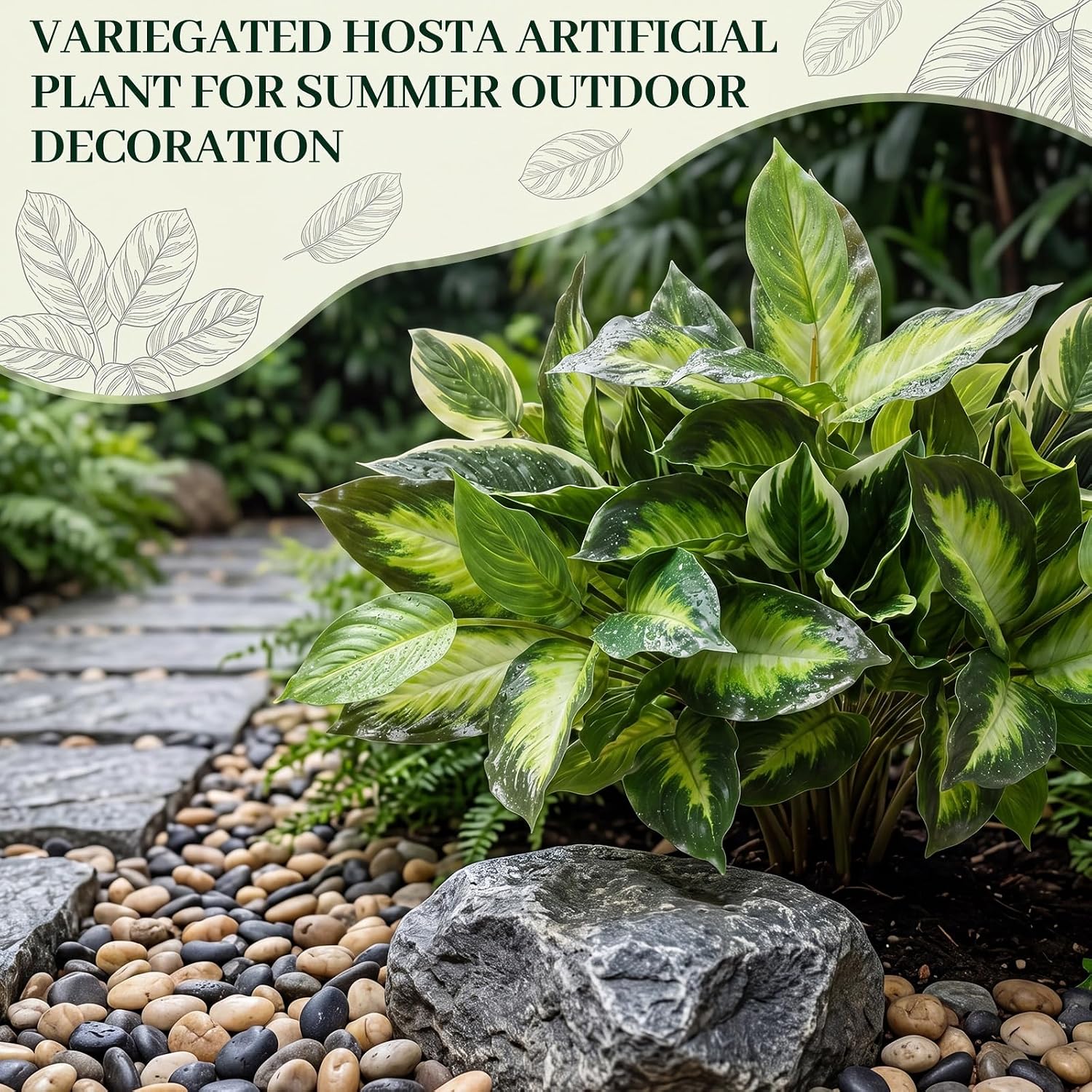 Hotop Variegated Hosta Artificial Plant for Summer Outdoor Decoration Faux Green Dieffenbachia Plant Lifelike Tropical Houseplant Bush Stems for Home Office Indoor Yard Planter Filler(12 Pack)