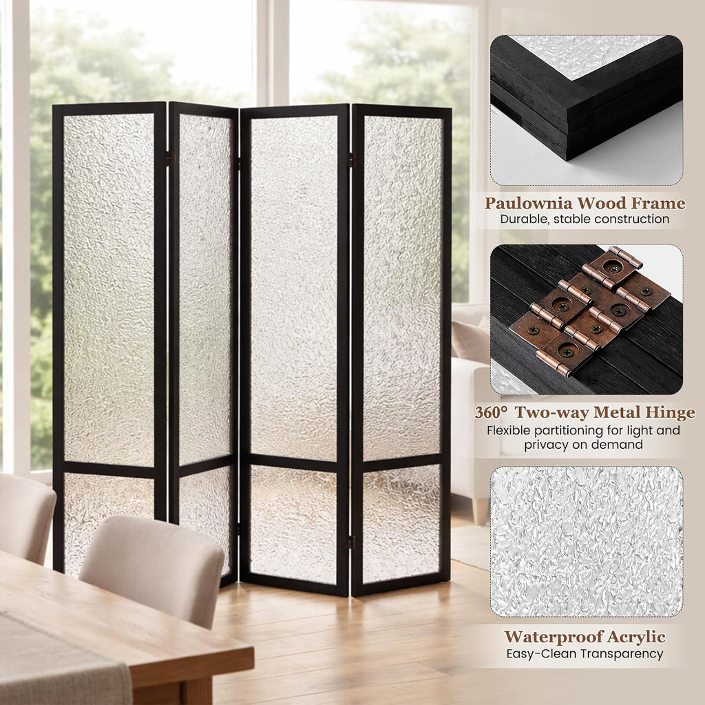 Acrylic Room Divider Panel, 67"x63" Translucent Partition Wall Divider for Room Separation, 4 Panel Freestanding Folding Privacy Screen with Black Wood Frame for Home Office & Loft