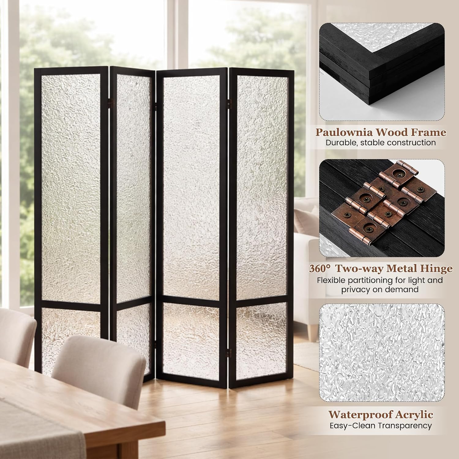 Acrylic Room Divider Panel, 67"x63" Translucent Partition Wall Divider for Room Separation, 4 Panel Freestanding Folding Privacy Screen with Black Wood Frame for Home Office & Loft