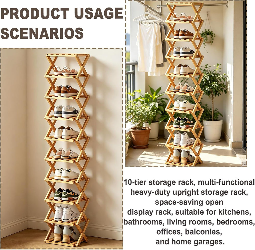10 Tier Bamboo Shoe Rack, Foldable 10 Tier Bamboo Corner Shoe Rack,Small Shoe Rack for Hallways, Bedrooms, and Compact Spaces