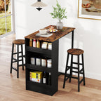 COSTWAY 3-Piece Bar Table Set, 36" Counter Height Breakfast Table with 3 Storage Shelves & 2 Round Stools, Rectangular Kitchen Table Set for 2, for Dining Room, Living Room, Rustic Brown and Black