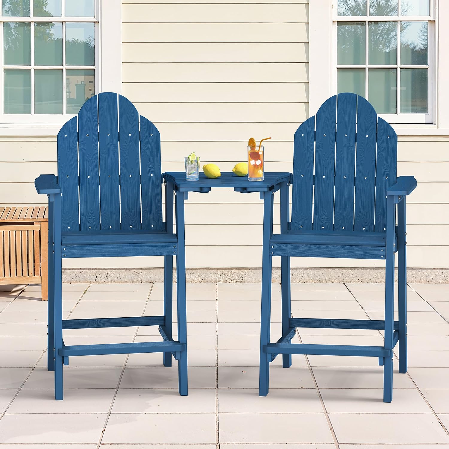 LUE BONA Tall Adirondack Chair Set of 2, All Weather HDPS Bar Height Chairs with Aluminum Legs, Detachable Table & Umbrella Hole for Patio, Deck, Backyard & Commercial Use Navy Blue