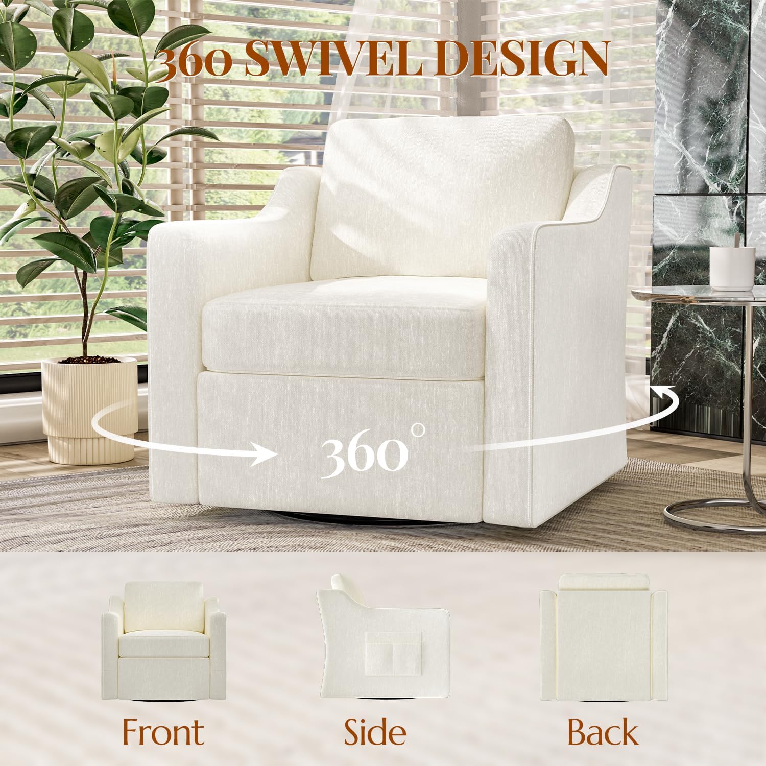 360° Swivel Accent Chair Set of 2, Large Comfy Reading Chairs, Square Single-Seat Armchair Upholstered Sofa for Reading, Nursery, Living Room, Bedroom, Lounge, Hotel, Beige