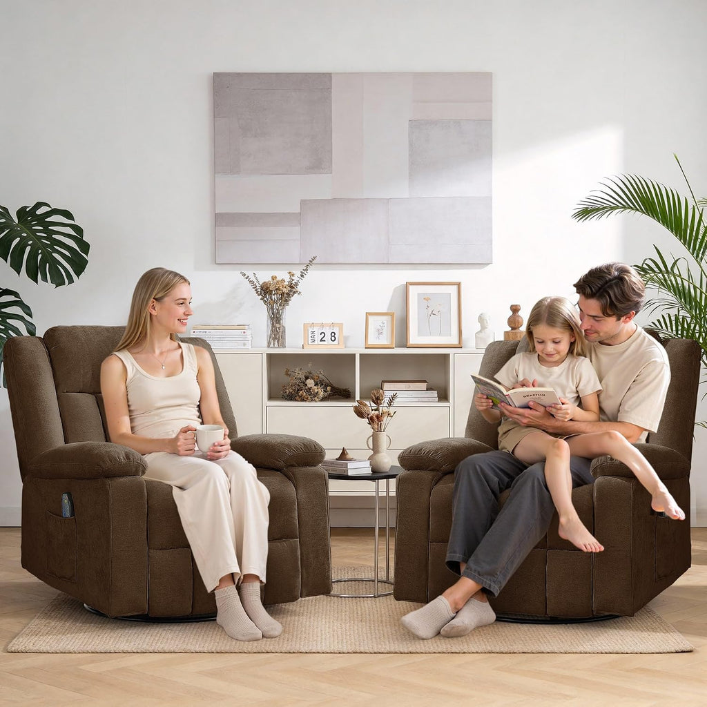 Korser Rocker Recliner Chair for Adults, 360° Swivel Rocker Recliner with Massage and Heating, Nursery Rocking Chairs with Side Pockets, Manual Reclining Chair for Living Room