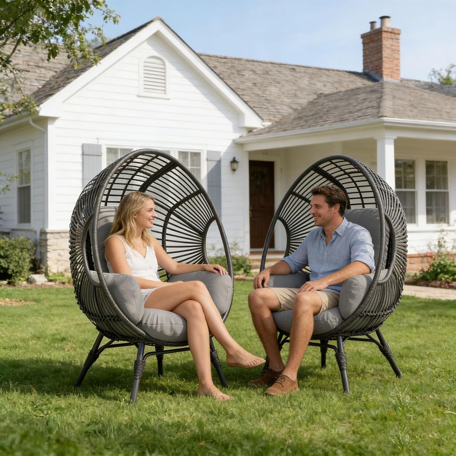 Egg Chair Wicker Design, Indoor Outdoor Use with Removable Washable Cover, 400lbs Weight Capacity, Comfortable Balcony Chairs(Black+Gray)