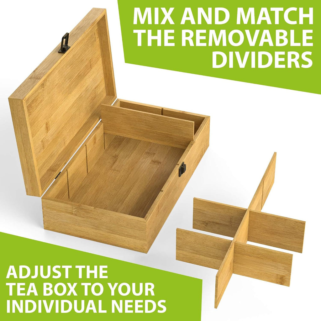 Tea Organizer Box Food Safe Chemical Free Bamboo Wood Storage Chest Big, Tall, Adjustable Cubbies (8-Slot 14.3" x 8.1" x 4.2" with TEA print design)