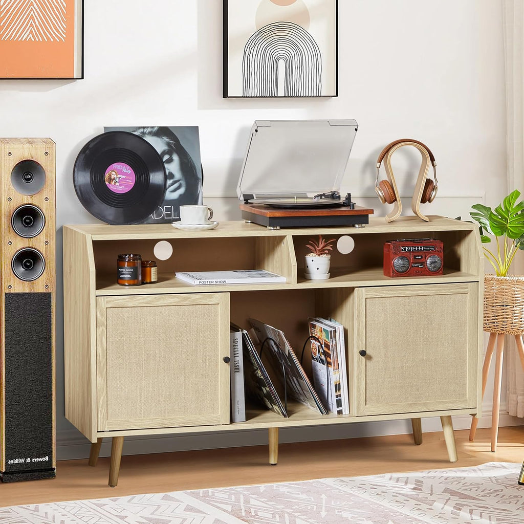 RARZOE Large Record Player Stand, Mid Century Turntable Stand Table Holds Up to 400 Albums, Vinyl Record Storage Cabinet with Sliding Doors for Living Room Office, Natural