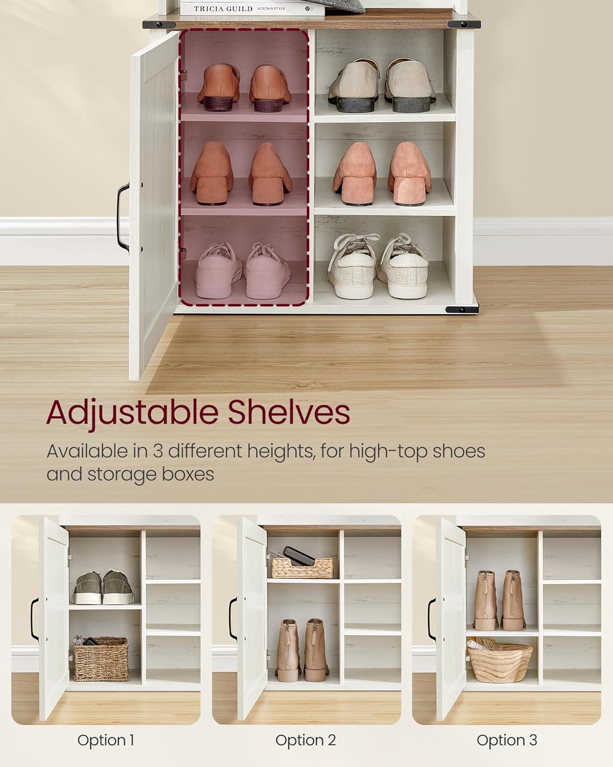 VASAGLE Hall Tree with Bench and Shoe Storage, Coat Rack with Shoe Bench, Entryway Furniture, 3 Tri-Hooks, Door with Handle, Farmhouse Style, Space Saving, Rustic White and Honey Brown UHSR441W01V1