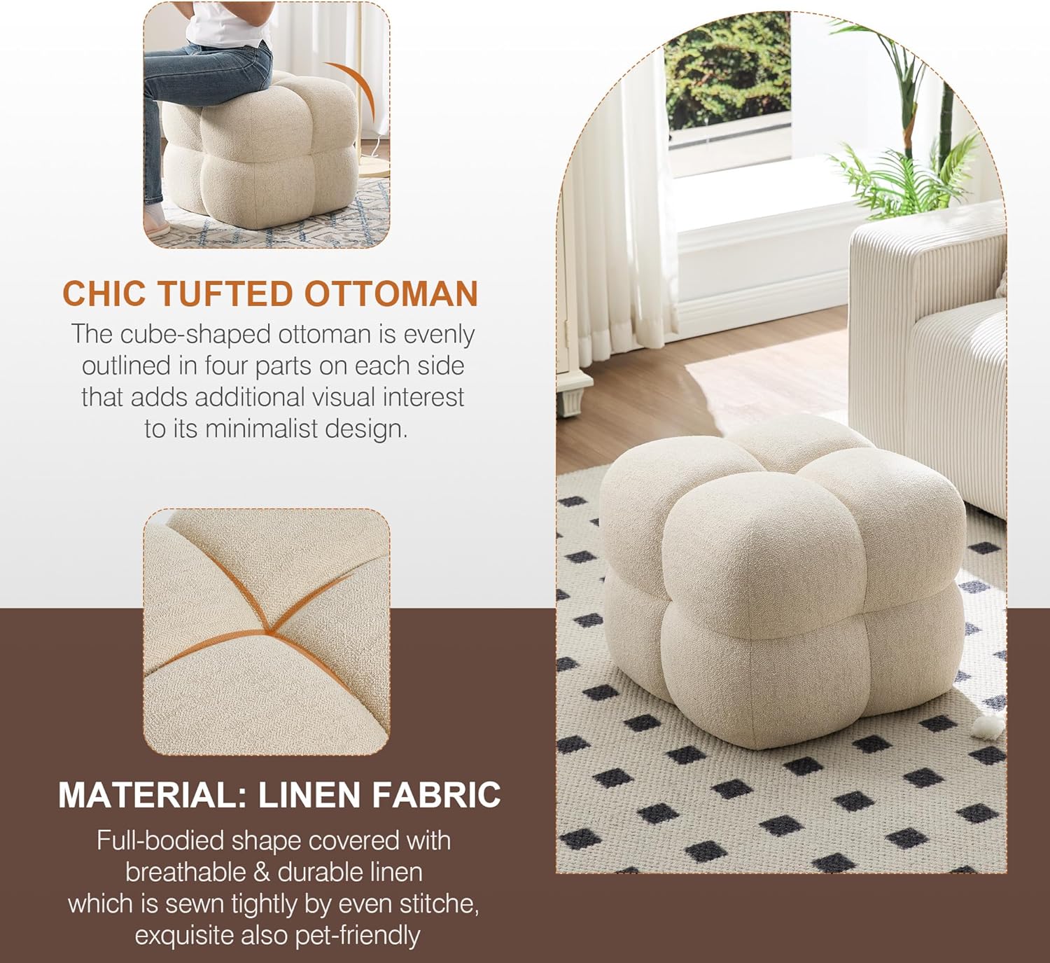 Zesthouse Square Pouf Ottomans Set of 2, Modern Backless Vanity Chair for Bedroom, Beige Linen Foot Rest for Couch, Upholstered Tufted Footstool, Poofy Fabric Ottoman Coffee Table for Living Room