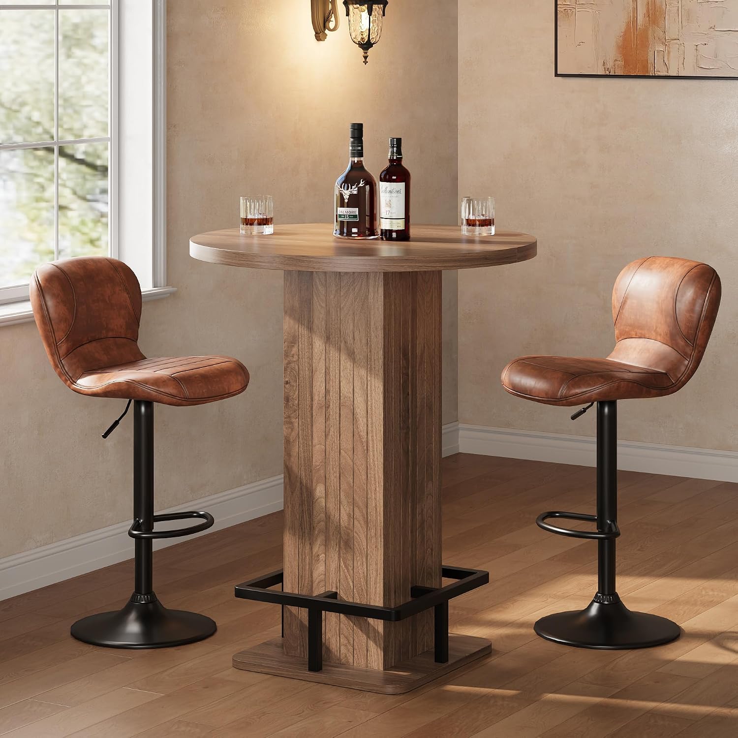 IRONCK Round Bar Table, 39.4" H Wood Bistro Pub Table with Metal Ring Footrest for Coffee Cocktail Dining Living Room, Bar Studio Apartment and Small Space, Brown(Only Table)