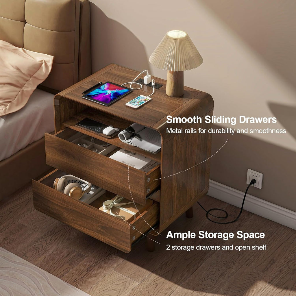 Nasonet Mid Century Modern Nightstand with Charging Station, Wood Bedroom End Tables Set of 2 Nightstands with Drawers, Bedside Table for Living Room, Curved Profile Design, Walnut