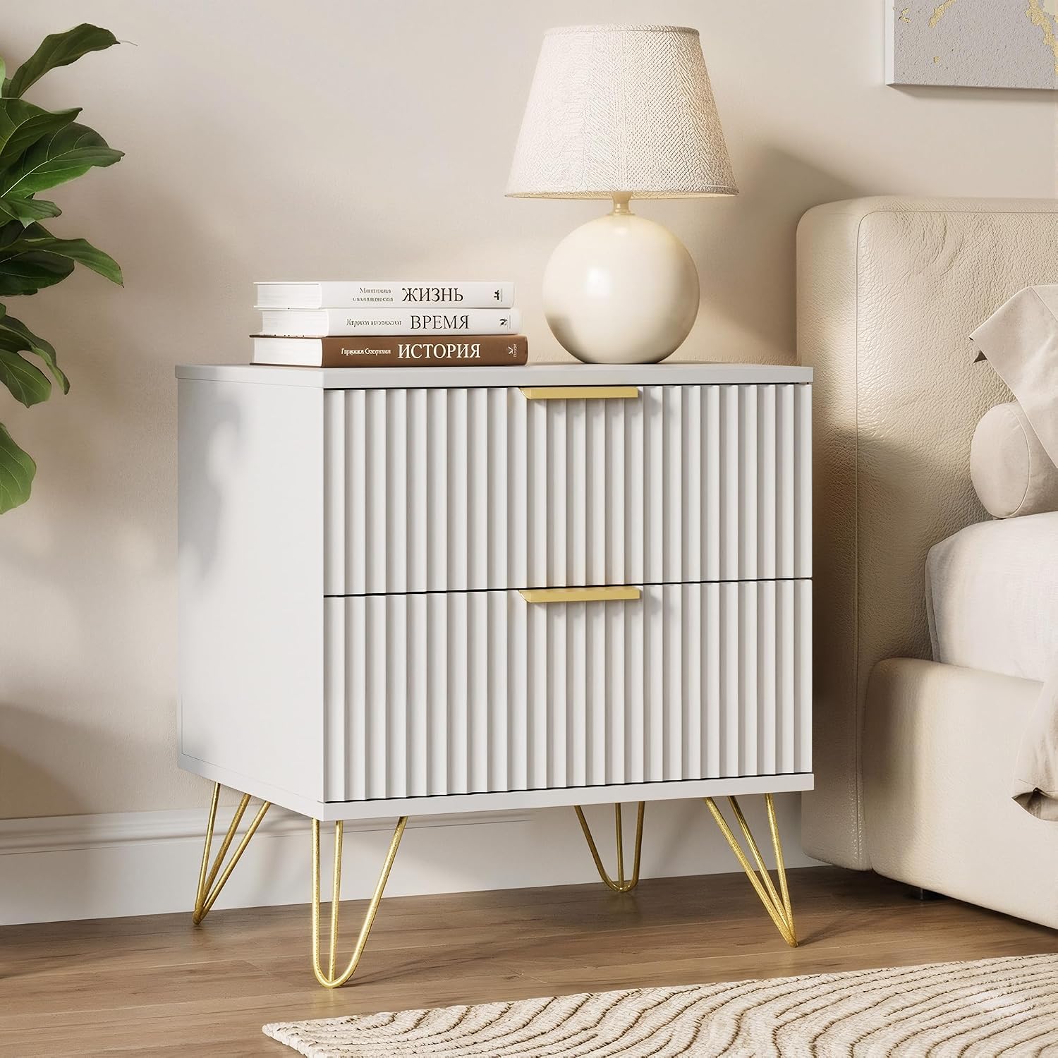 White Fluted Nightstand Set of 2, Modern Bedside Table with 2 Drawers and Gold Legs, 19.7’’ Night Stand Wood End Table for Bedroom