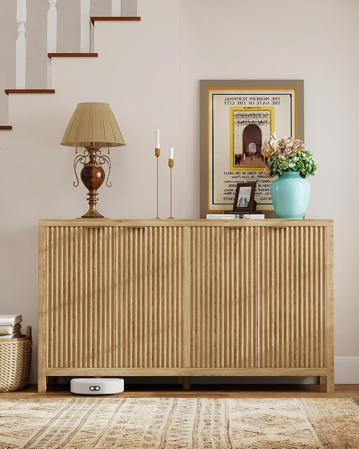 Real Relax Fluted Sideboard Buffet Cabinet with Storage, 55" Modern Sideboard Credenza Cabinet with 4 Doors, Coffee Bar Buffet Table for Dining Room, Kitchen, and Living Room, 55"x15.4"x32.8", Oak