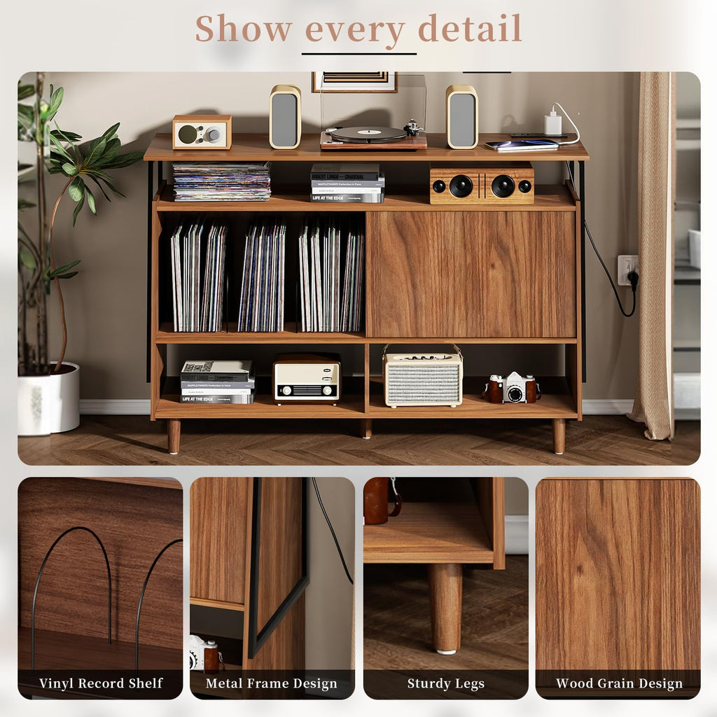 Large Record Player Stand with Charging Station, Vinyl Record Stand with Storage Holds Up to 150 Albums, Record Player Table Cabinet Turntable Stand for Living Room, Bedroom (Walnut)
