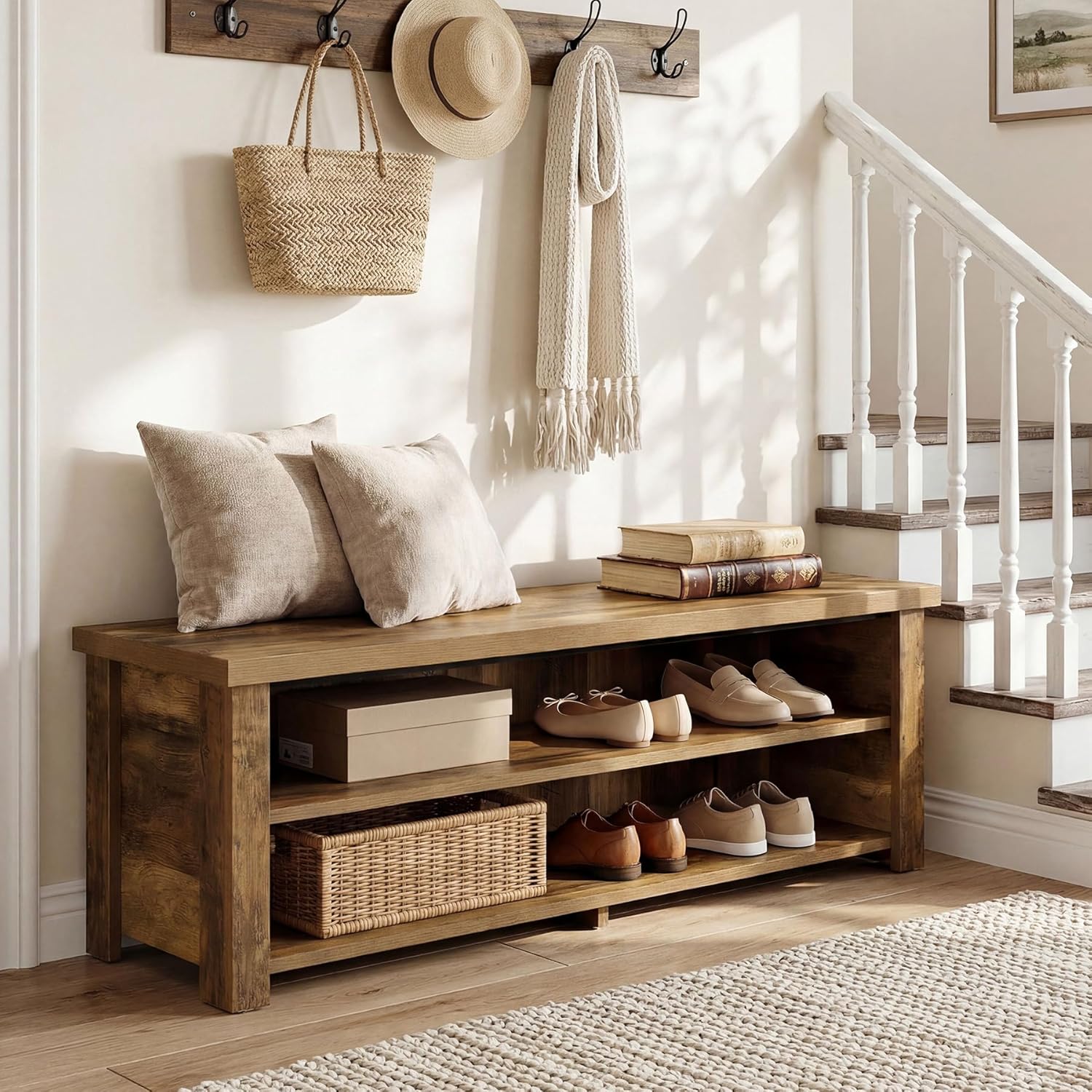 Tribesigns 55.12" Entryway Bench with Storage, Farmhouse Shoe Storage Bench with 2-Tier Shelves, Shoe Rack for Entryway, Hallway, Mudroom, Bedroom, Rustic Brown