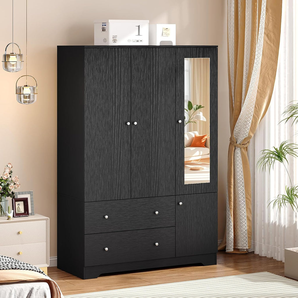 VINGLI Armoire Wardrobe Closet with Doors and Mirror,47" W Wardrobe Cabinet Wooden with Hanging Rod & Shelves Inside, 4 Door Bedroom Armoires with Drawers, Black Freestanding Armoire for Bedroom