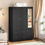 VINGLI Armoire Wardrobe Closet with Doors and Mirror,47" W Wardrobe Cabinet Wooden with Hanging Rod & Shelves Inside, 4 Door Bedroom Armoires with Drawers, Black Freestanding Armoire for Bedroom