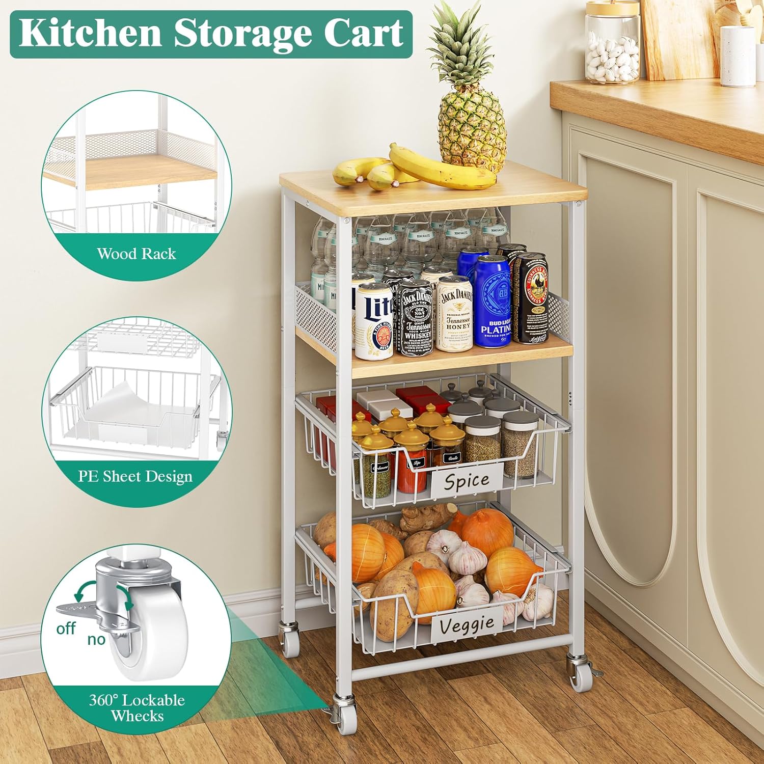 Giwil Vegetable Fruit Basket for Kitchen Pantry Organizers Storage, 4-Tier Utility Rolling Cart on Wheels with Wood Rack and Drawer Wire Baskets for Onions Potatoes Snacks, White