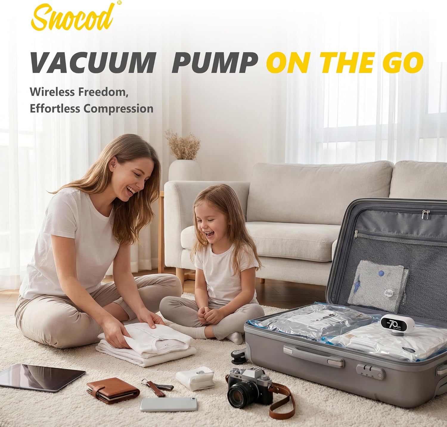 15 Pack Travel Vacuum Bags with Electric Pump, 70KPa Vacuum Storage Bags for Clothing, Reusable Space Saver Bags for Suitcase, Travel & Home Storage, Alpine White