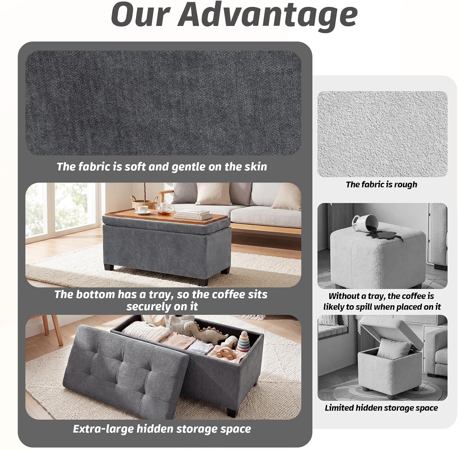 29.5 in Gray Linen Storage Ottoman with Reversible Tray Top | Rectangular Storage Bench, Upholstered Foot Rest Ottoman with Hidden Storage, Coffee Table for Living Room Bedroom Entryway