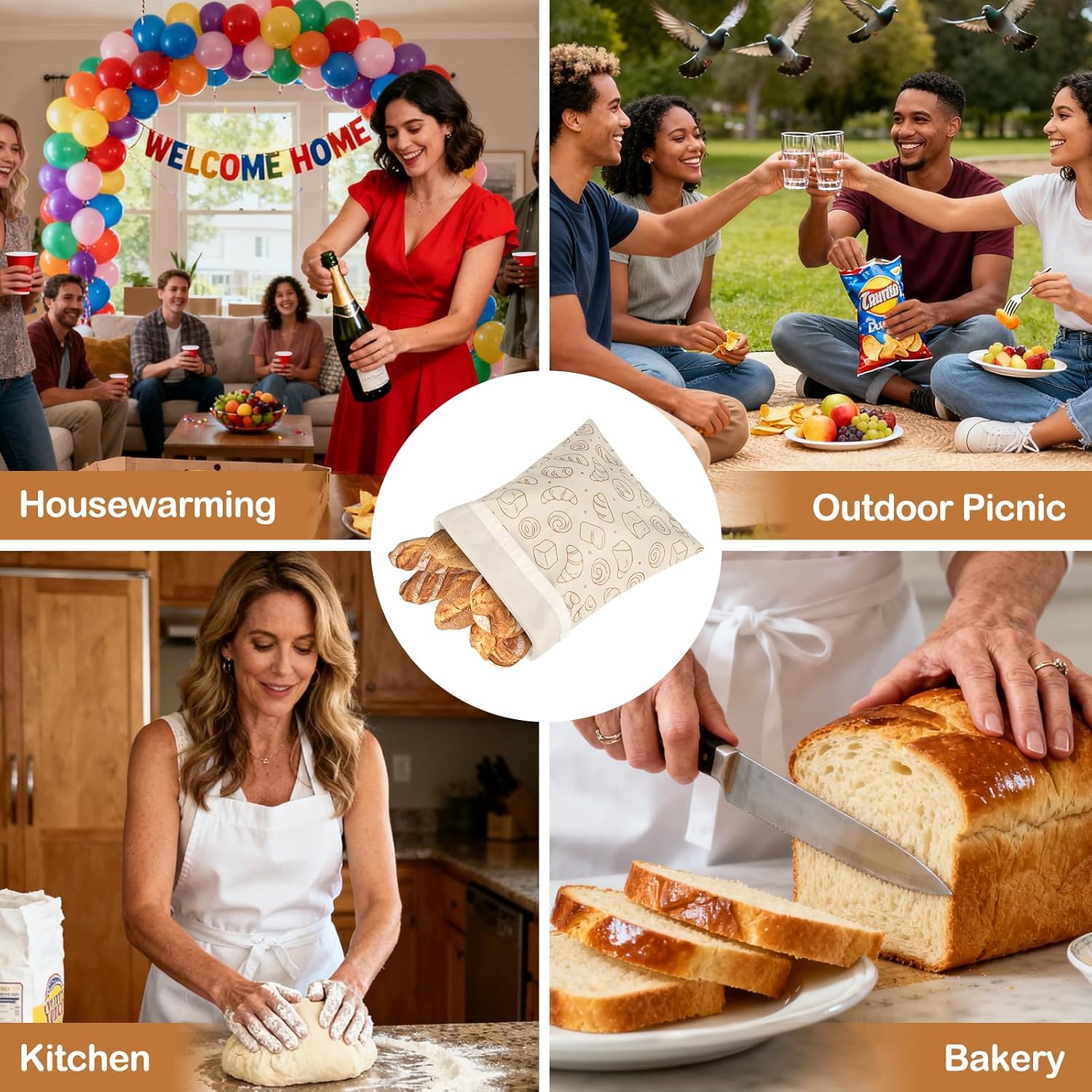 LAKE OF FIRE 16.9"x12.6" Reusable Bread Storage Bags for Homemade Bread with Reusable 2 Sourdough Proofing Covers,Food Cloth Bag Storage Box (Beige + Bread)