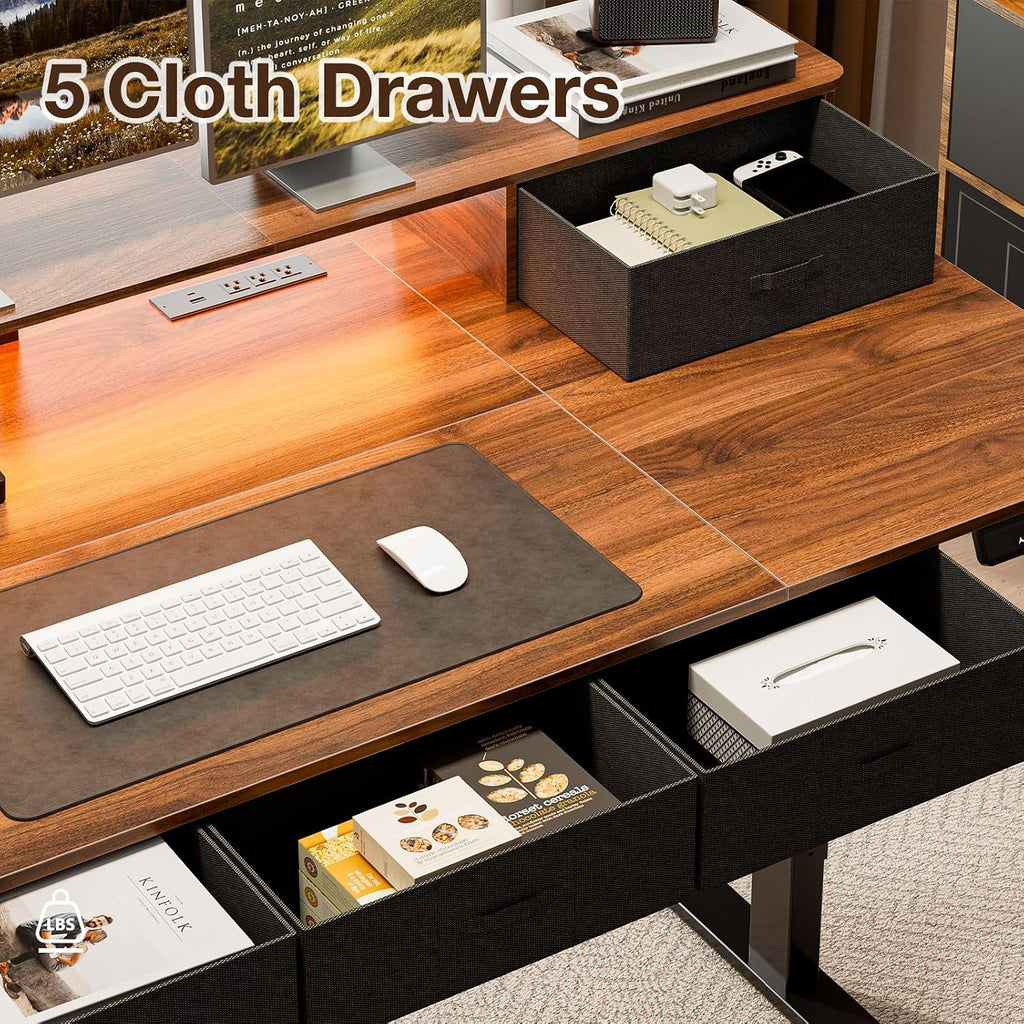 63x32″ Electric Standing Desk with 5 Drawers, Sit Stand Desk with Power Outlets, Monitor Shelf, RGB LED Lights and Cable Management, Height Adjustable 28.3"-47.2" for Home & Office, Walnut