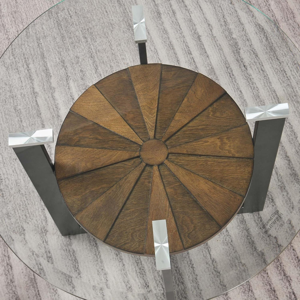 2-Tier Round End Side Table with 8mm Tempered Glass Top, Sofa Bedside Table with Cross Leg Metal Frame, 23.8"Dia x 24.4"H Circle Side Table with Wood Shelf for Living Room, Black Metal Leg CJZ-B2616-1