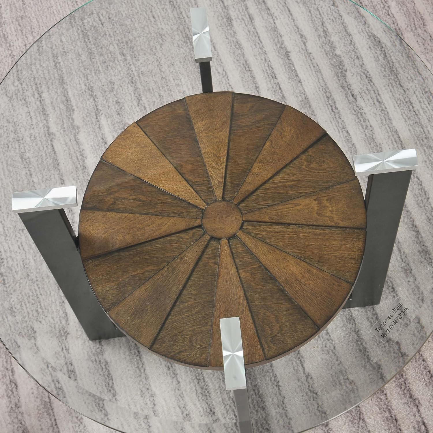 2-Tier Round End Side Table with 8mm Tempered Glass Top, Sofa Bedside Table with Cross Leg Metal Frame, 23.8"Dia x 24.4"H Circle Side Table with Wood Shelf for Living Room, Black Metal Leg CJZ-B2616-1