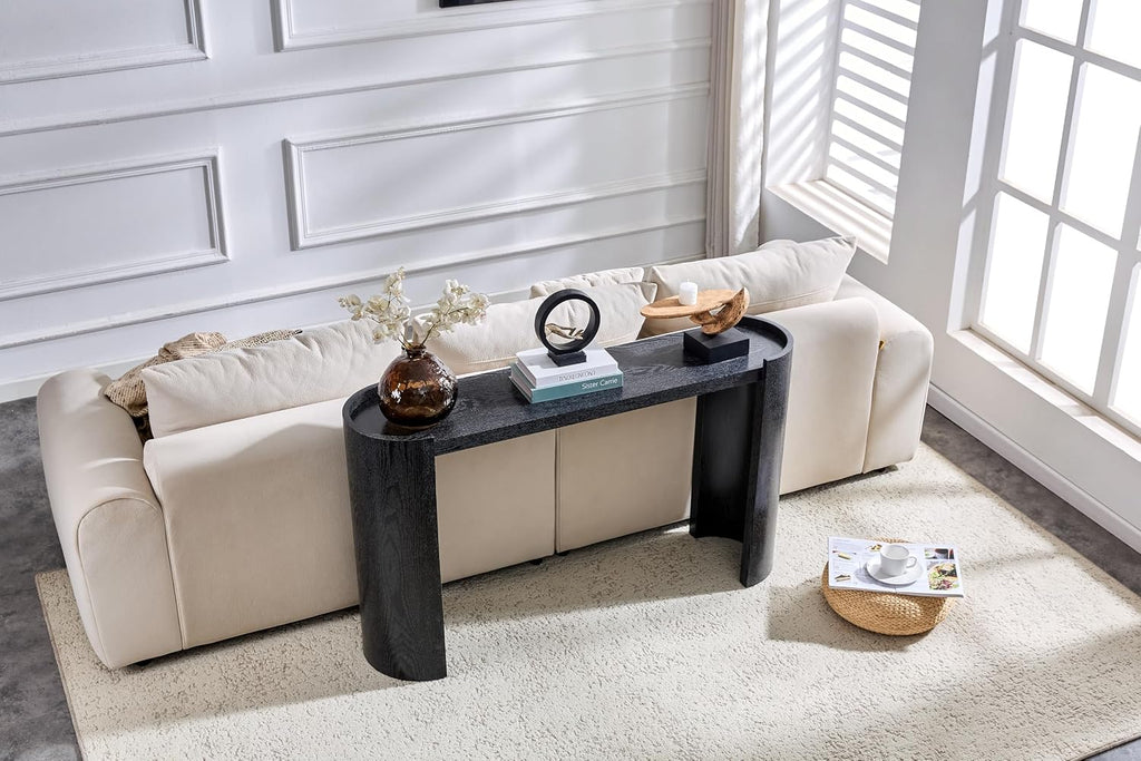 Black Curved Foyer Table Black Wood Grain Entrance Small Space Living Room Sofa Side Table