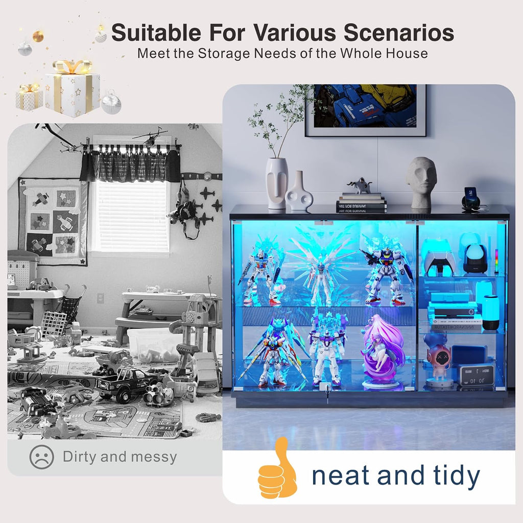 High Gloss Glass Display Cabinet with Lock & LED Light for Toys, Black | Curio Cabinet with Human Body Sensor & Glass Shelves, Display Case for Toys, Books, Collectibles, Sideboard for Living Room