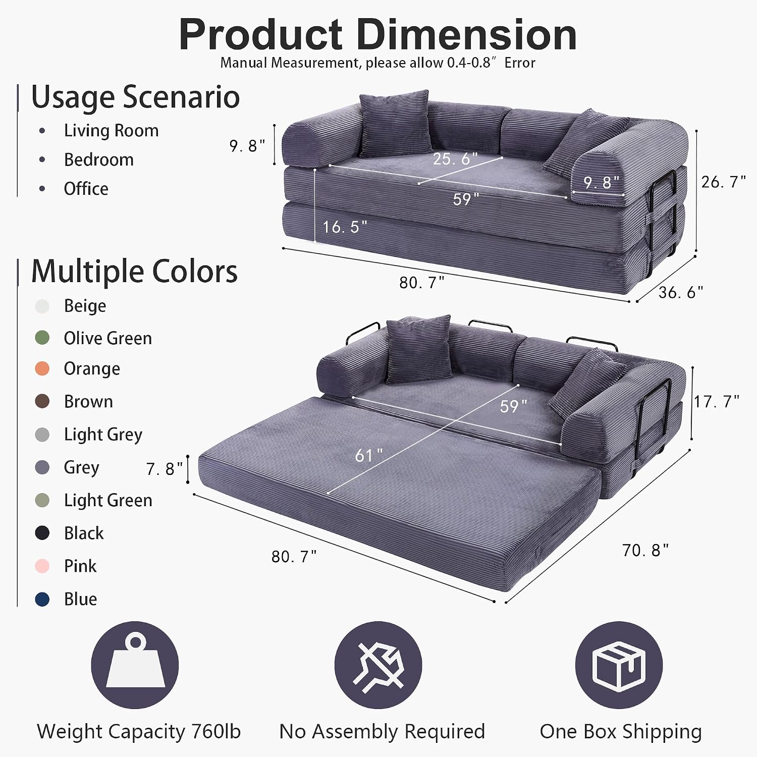JJJ 78 inch Sofa Bed 4-in-1 Boneless Convertible Corduroy Sleeper Folding Couch with Fixed-Shape Frame and 2 Futons No Assemble Required 3 Seater Upholstered for Living Room (Gray, 78 inch)