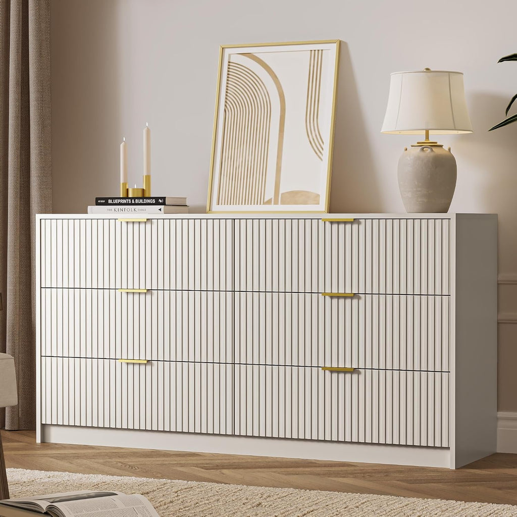 MAISONARIA 6 Drawer Dresser for Bedroom, 55" Wide Modern Chest of Drawers with Gold Metal Handles, Fluted Wood TV Stand for Living Room, Hallway(Beige)