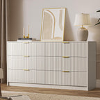 MAISONARIA 6 Drawer Dresser for Bedroom, 55" Wide Modern Chest of Drawers with Gold Metal Handles, Fluted Wood TV Stand for Living Room, Hallway(Beige)