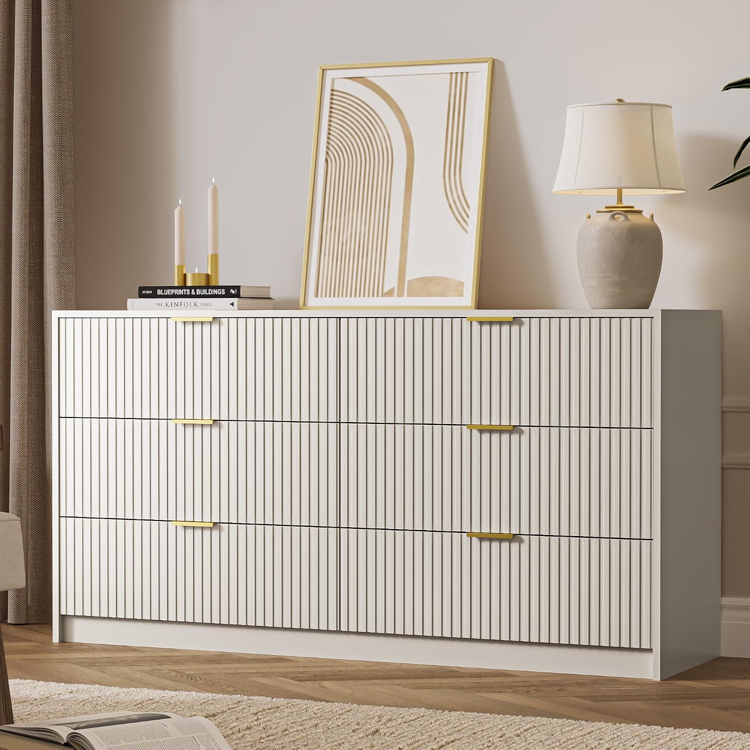 MAISONARIA 6 Drawer Dresser for Bedroom, 55" Wide Modern Chest of Drawers with Gold Metal Handles, Fluted Wood TV Stand for Living Room, Hallway(Beige)