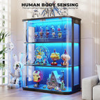 BROTTAR Rounded Display Cabinet with Glass Door, 3-Tier Curio Cabinet with 3 Color Lights for Collectibles, Glass Display Case with Transparent Full-Display Surface, Human Body Sensor, Black
