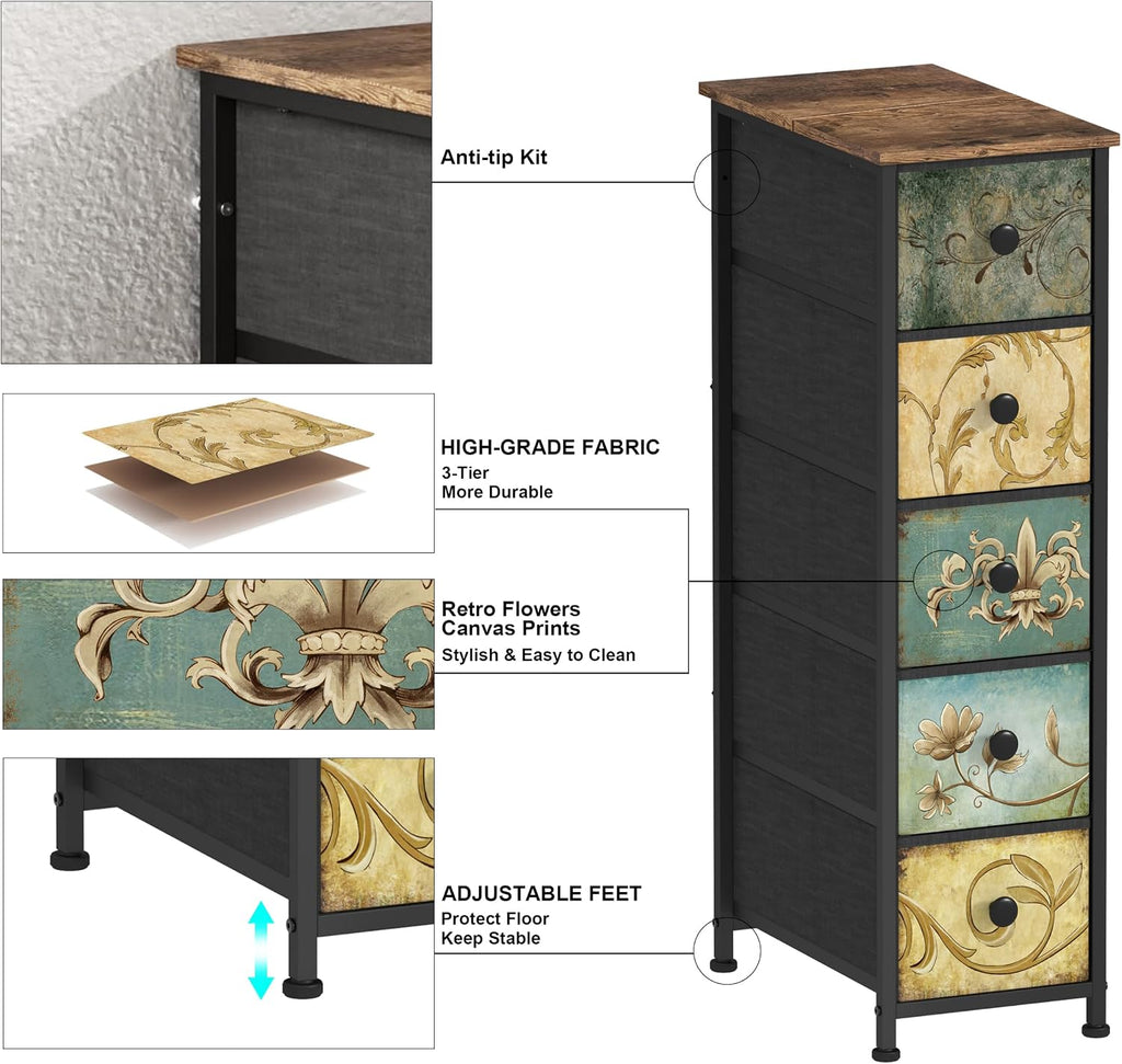 Tohomeor Narrow Storage Dresser Slim Dresser with Retro Flowers Fabric Drawers Vertical Skinny Cabinet for Small Spaces,Bathroom,Bedroom Closet Nightstand,Entryway Organizer (Retro Flower, 5 Drawers)