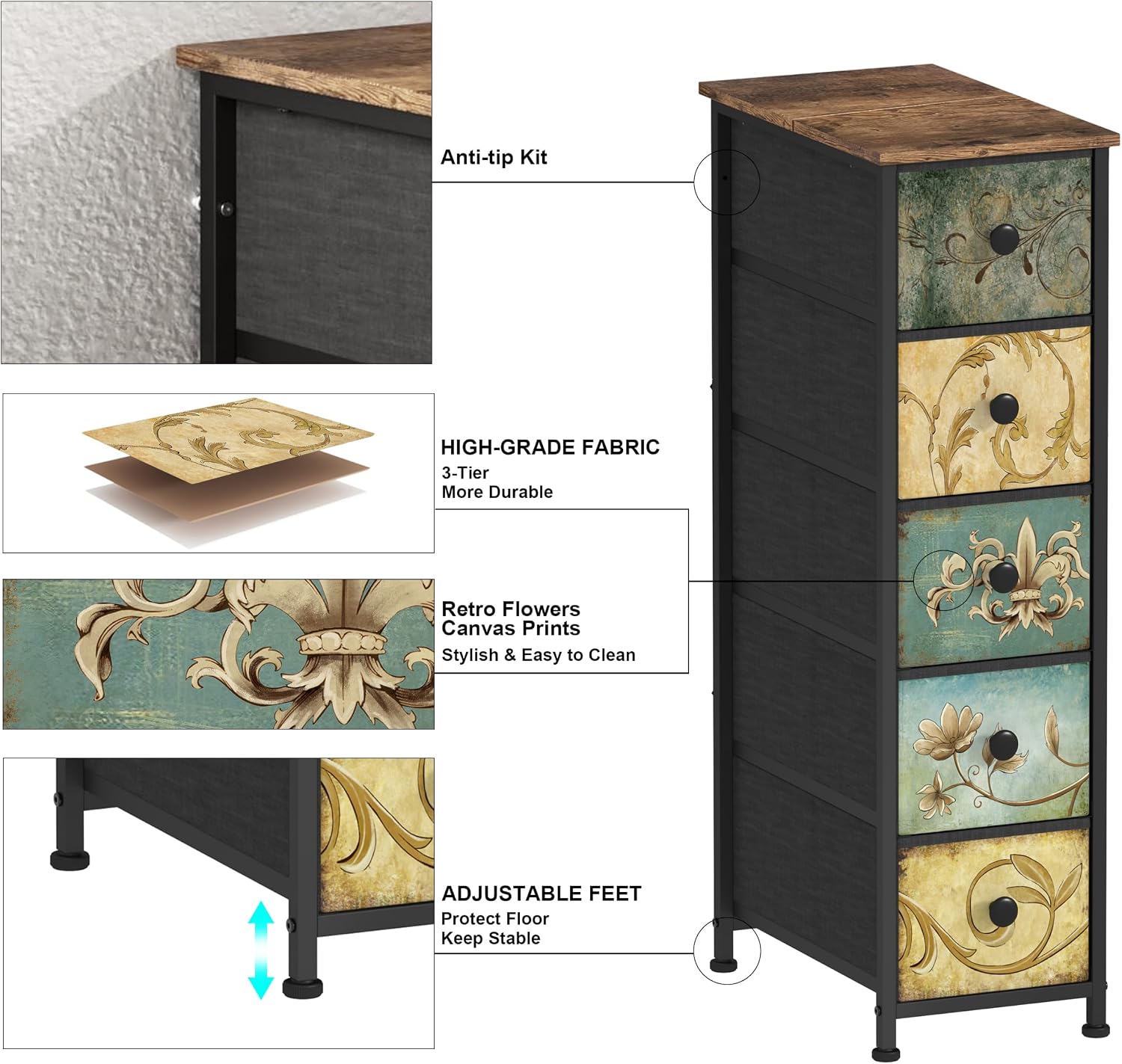 Tohomeor Narrow Storage Dresser Slim Dresser with Retro Flowers Fabric Drawers Vertical Skinny Cabinet for Small Spaces,Bathroom,Bedroom Closet Nightstand,Entryway Organizer (Retro Flower, 5 Drawers)