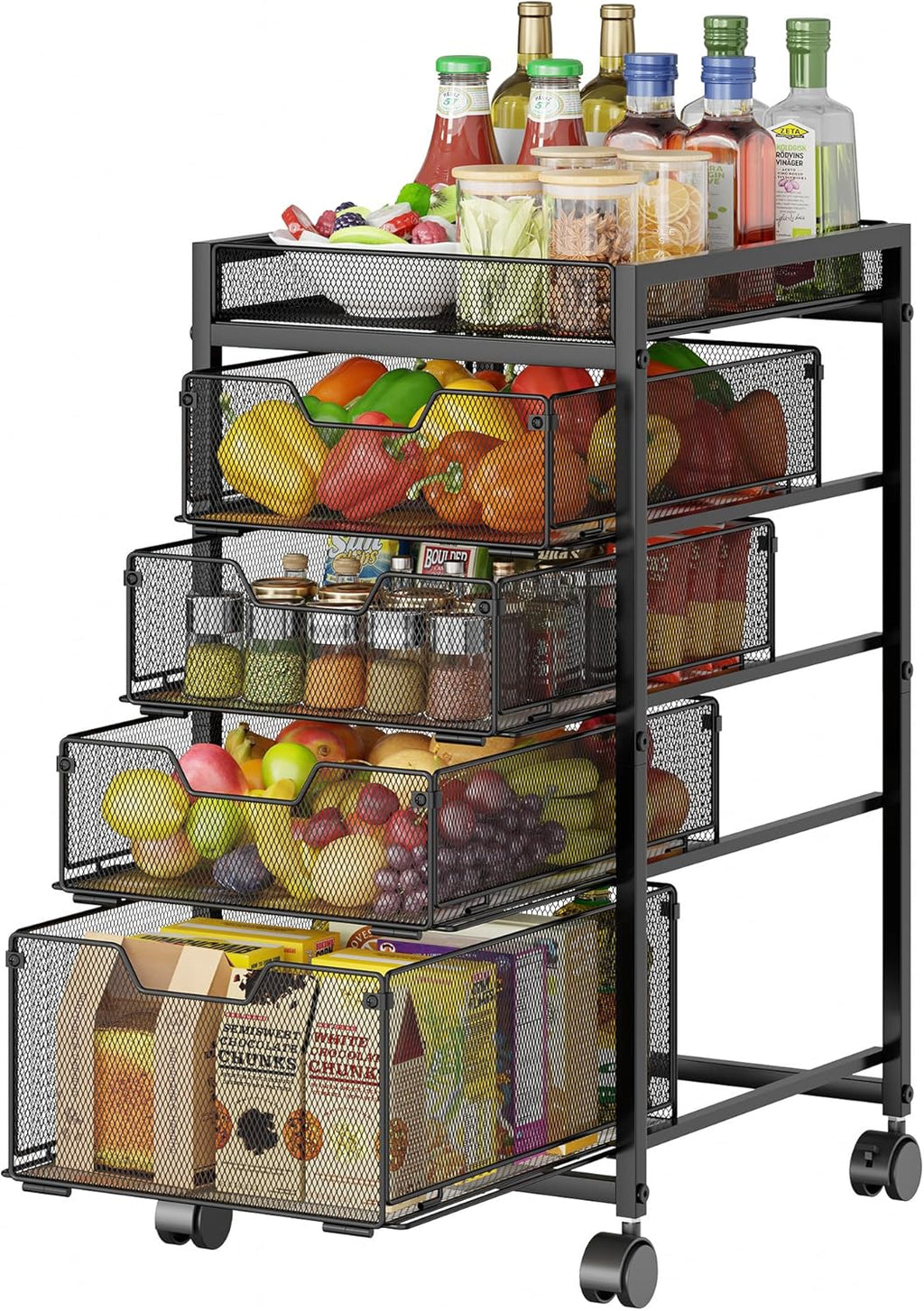 keomaisyto 5-Tier Kitchen Storage Cart with Top Basket & Drawers, Fruit and Vegetable Storage Rack on Wheels, Metal Rolling Cart with Drawers & Kitchen Organization for Snacks, Potatoes, Onions, Cans