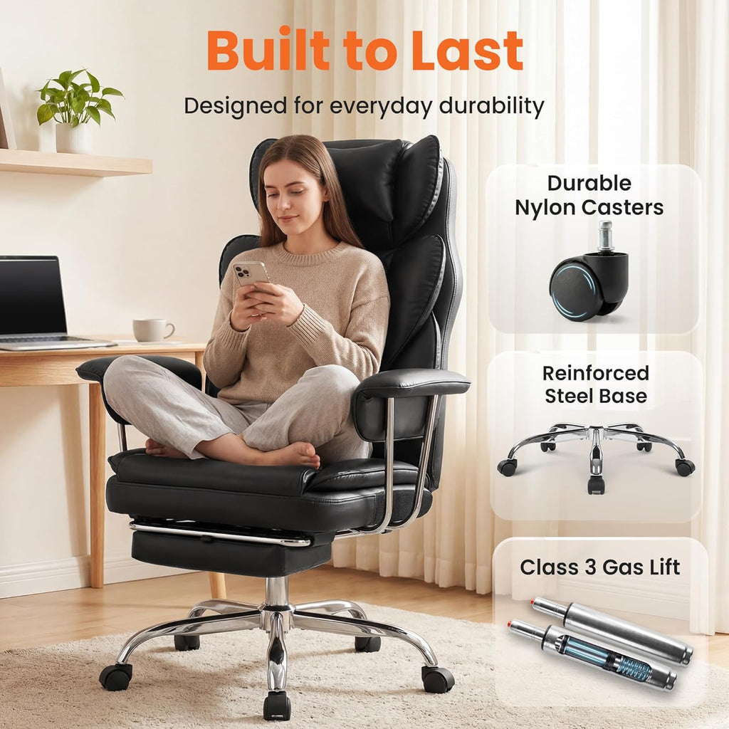 NEO Chair Big and Tall Offie Chair Gaming Computer Chair High Back Heavy Duty Desk Chai with Lumbar Support Adjustable Recliner Footrest Wide Seat Leather Executive Home with Wheels (Leather Black)