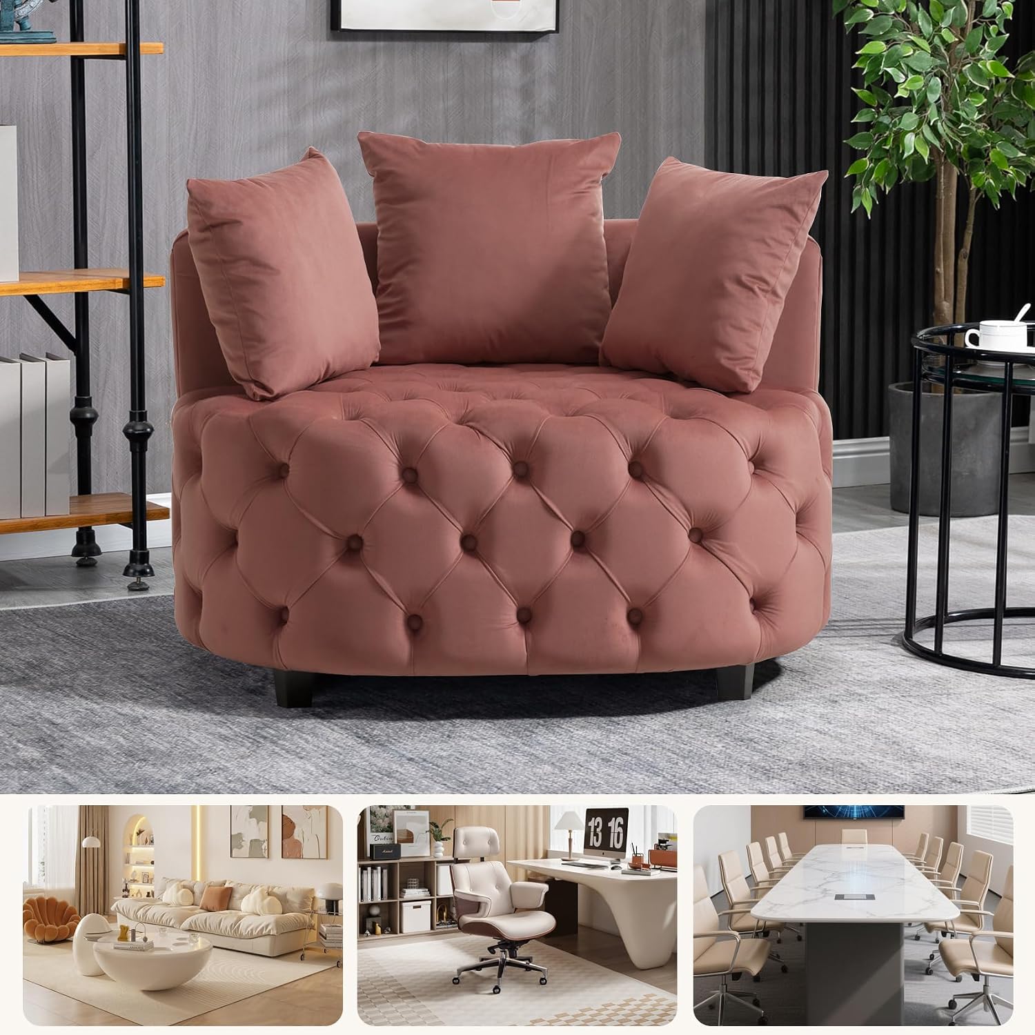 mikibama Oversized Accent Barrel Chair, 40.6" W Velvet Upholstered Round Chair with Pillows, Rubber Wood Legs Modern Lounge Reading Sofa Armchair for Living Room, Bedroom