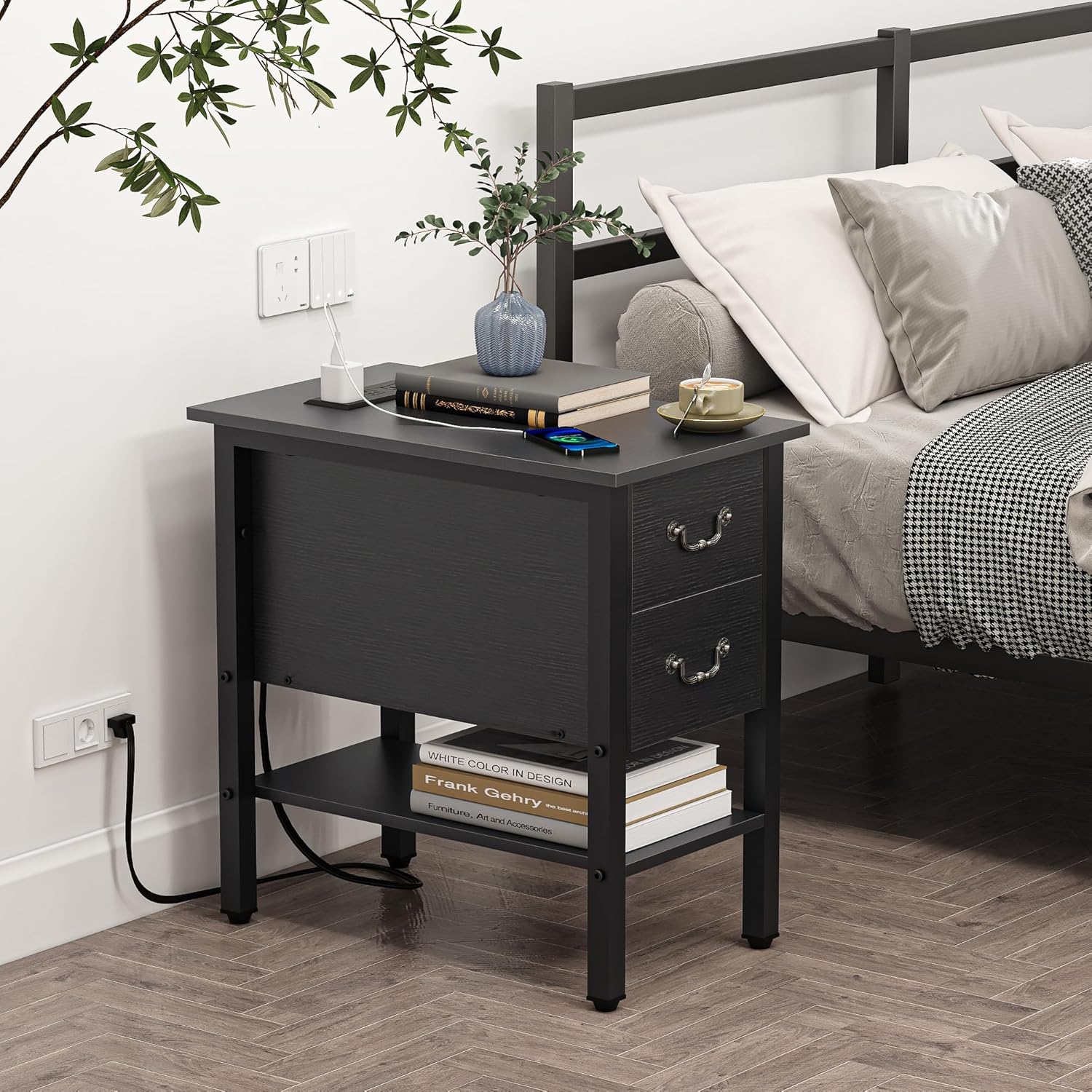 VECELO End Tables Set of 2,Narrow Nightstands with Charging Station & USB Ports & 2 Drawers,Skinny Side Table for Bedroom, Living Room,Black