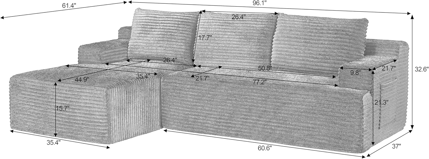 96" L Shaped Cloud Sectional Couch with Chaise, Deep Seat Modular Sectional Sofa Corduroy Memory Foam Sofa Boneless Couches for Living Room Bedroom, No Assembly Required | Breathable material