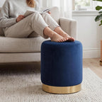 LSSBOUGHT Round Velvet Ottoman, 16" H Footrest Stool with Gold Metal Base, Modern Upholstered Vanity Stool for Living Room, Bedroom, Entryway (Blue, Set of 1)