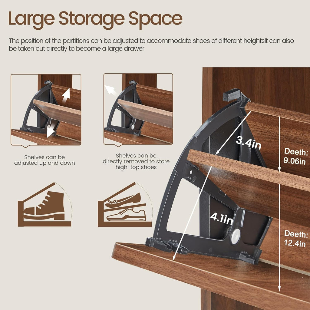 FurSch Fluted Shoe Storage Cabinet with 2 Flip Drawers, Narrow Shoe Rack Cabinet Organizer with Adjustable & Removable Shelves for Entryway (All Walnut, 2 Drawers)