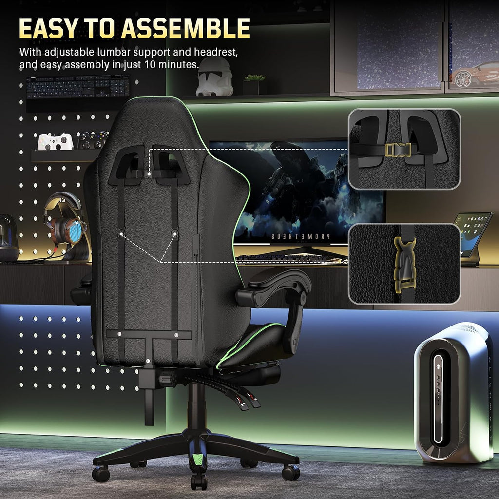 Bigzzia Gaming Chair, Ergonomic Video Game Chairs with Pillow and Lumbar Support, Racing Style Height Adjustable Computer Chair with 360°-Swivel Seat for Adults and Kids（Green）
