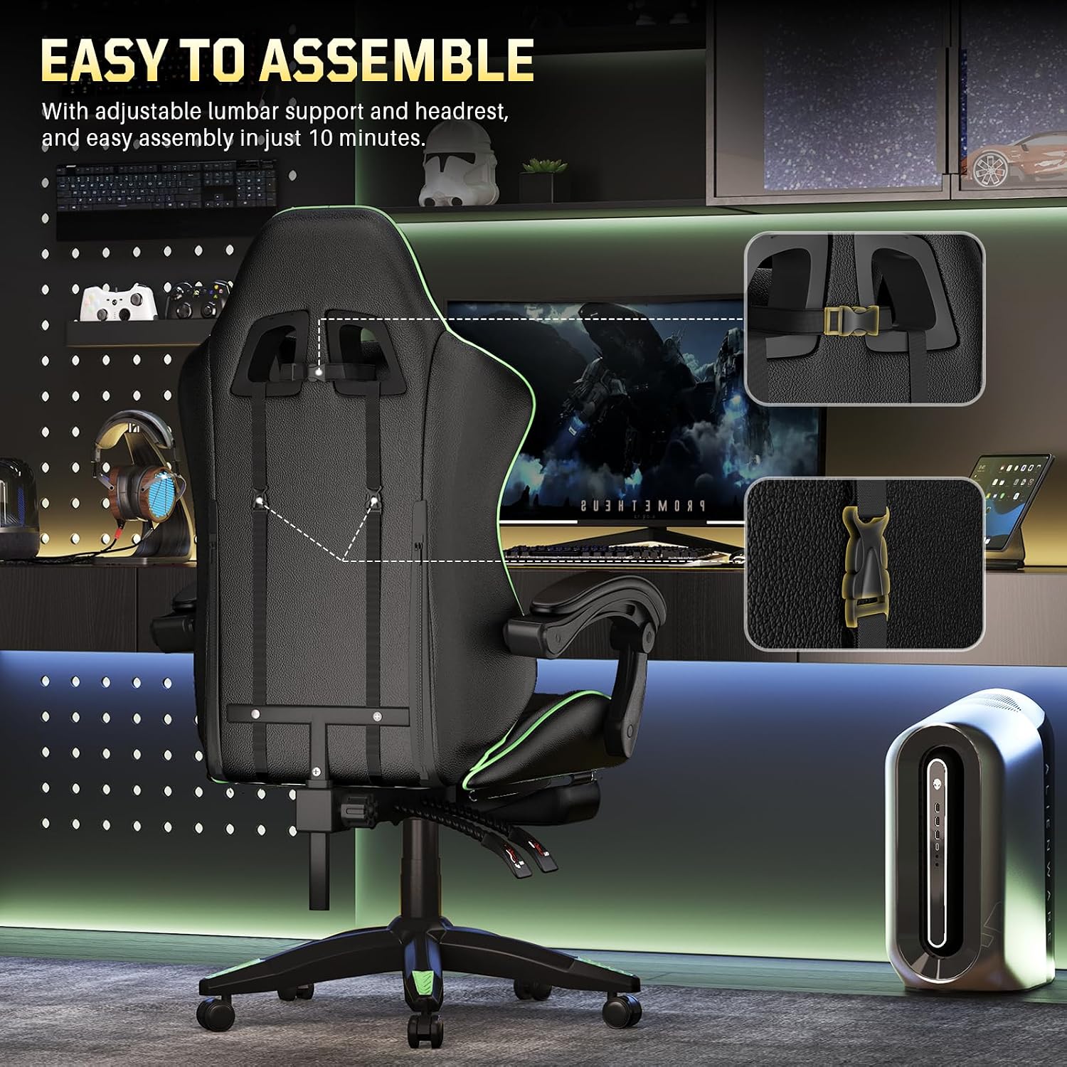 Bigzzia Gaming Chair, Ergonomic Video Game Chairs with Pillow and Lumbar Support, Racing Style Height Adjustable Computer Chair with 360°-Swivel Seat for Adults and Kids（Green）