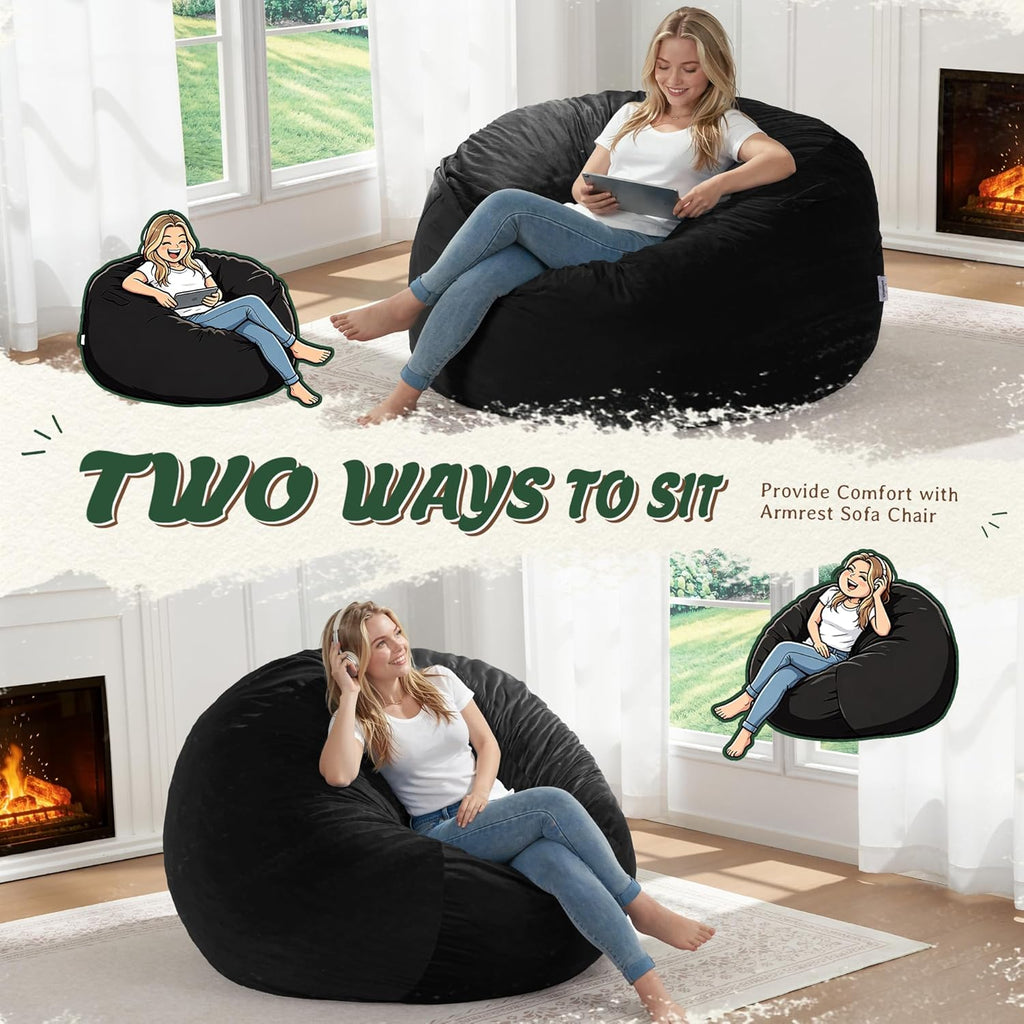 ZurNesfure Bean Bag Chairs for Adults 3FT Large Bean Bag Chair Memory Foam Filled Lazy Sofa with Removable Washable Cover Beanbag for Living Room Bedroom Dorm (Black, Medium)