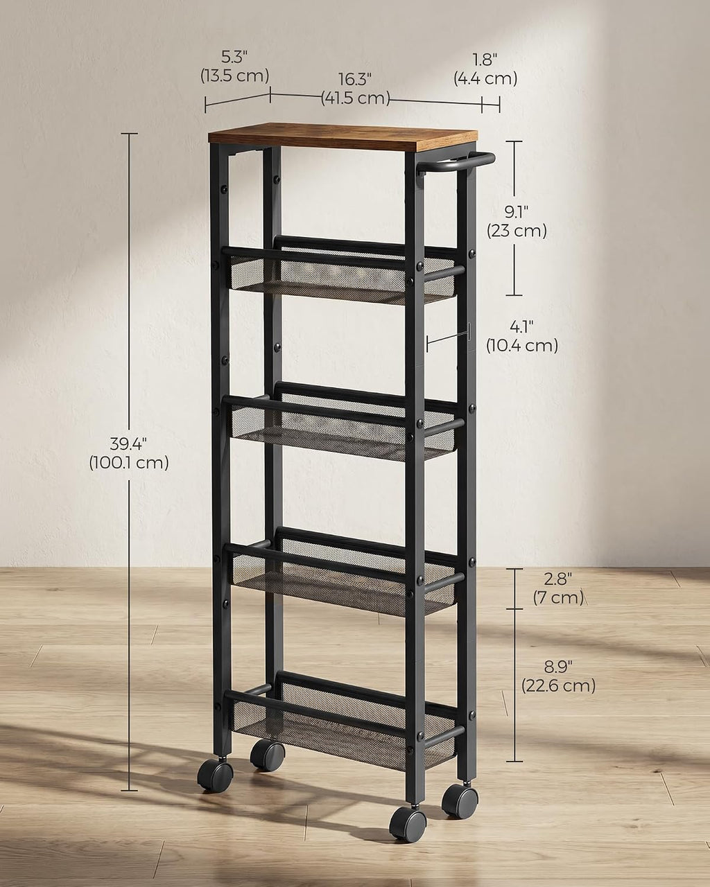 SONGMICS HOME Slim Rolling Cart, 5-Tier Storage Cart with Wheels and Handle, Narrow Utility Cart for Kitchen, Living Room, Brown and Black