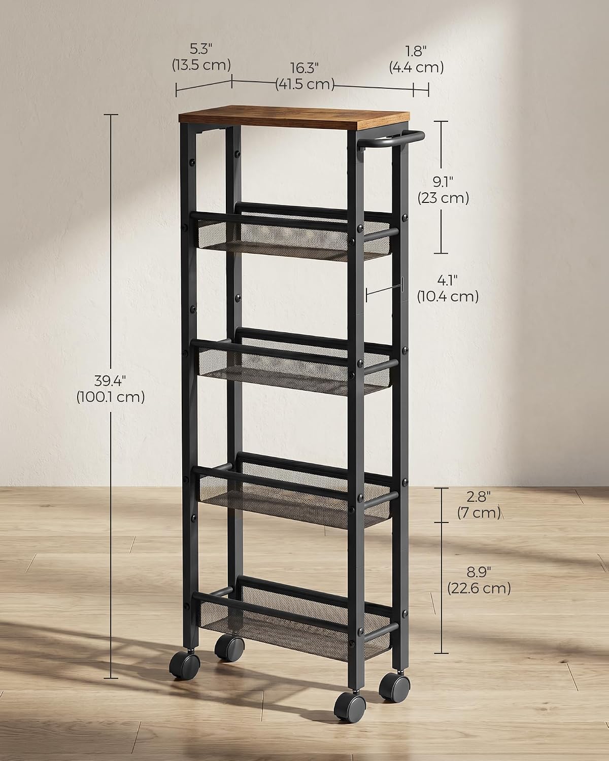 SONGMICS HOME Slim Rolling Cart, 5-Tier Storage Cart with Wheels and Handle, Narrow Utility Cart for Kitchen, Living Room, Brown and Black